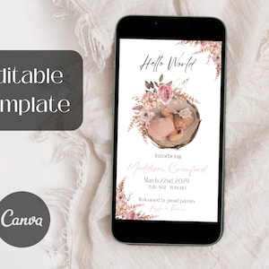 EDITABLE Baby Digital Birth Announcement Template Newborn Arrival Ecard Baby Birth Social Media Template Electronic Birth Announcement Pink
