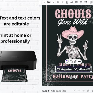 May include: A printable Halloween party invitation featuring a skeleton wearing a pink cowboy hat and holding peace signs. The text reads "Ghouls Gone Wild", "31 Sept 7:00 pm", "123 Anywhere St., Nashville", and "Halloween Party".
