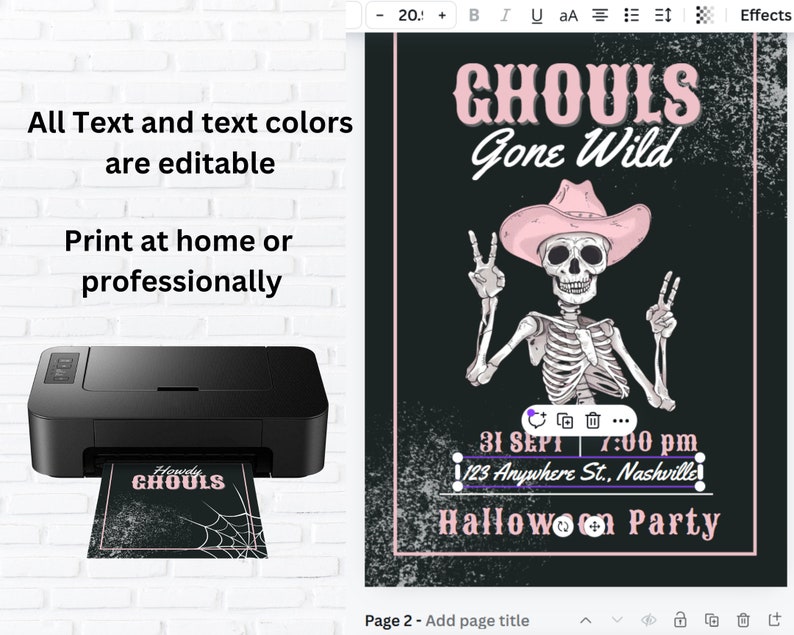 May include: A printable Halloween party invitation featuring a skeleton wearing a pink cowboy hat and holding peace signs. The text reads "Ghouls Gone Wild", "31 Sept 7:00 pm", "123 Anywhere St., Nashville", and "Halloween Party".