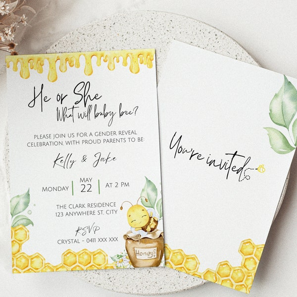 Honey Bee Theme Gender Reveal Party Invitation 5x7'', Bumble Bee Baby Shower, Mobile & Printable, Baby Sprinkle Honeybee Set97