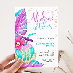 May include: Aloha! witches invitation with a tropical theme. The invitation features a skull and crossbones holding a coconut with a pink flower and a bat. The text on the invitation reads "Aloha! witches" and "Please join us for a Summerween Party".