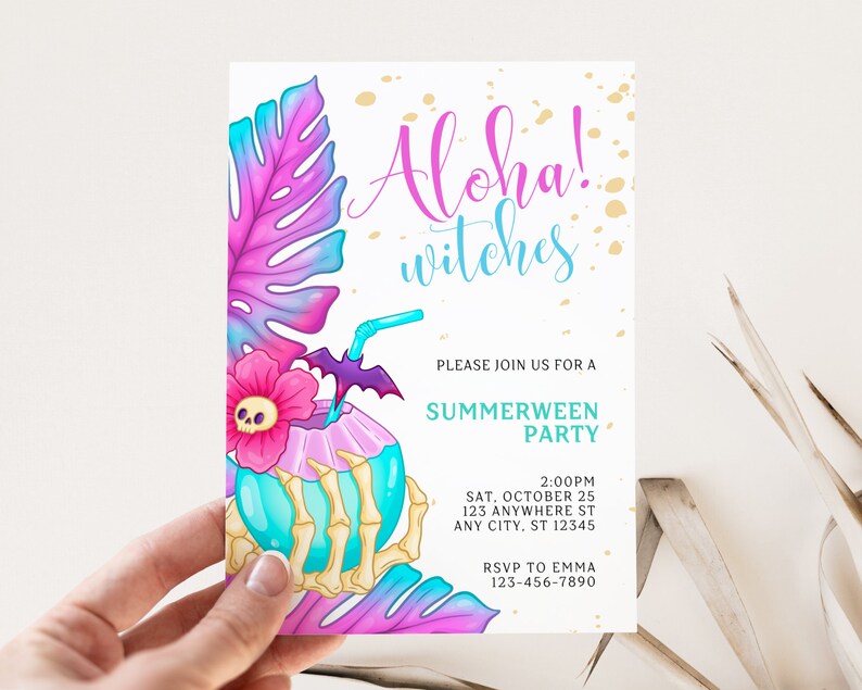 May include: Aloha! witches invitation with a tropical theme. The invitation features a skull and crossbones holding a coconut with a pink flower and a bat. The text on the invitation reads "Aloha! witches" and "Please join us for a Summerween Party".