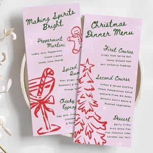 Modèle de menu de Noël imprimable 4 x 9 pouces, menu Style dessiné à la main, menu de Noël rose, menu du dîner de Noël bricolage & liste de cocktails de Noël