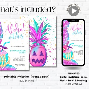 May include: Printable and digital invitation for a Summerween party. The invitation features a pink pineapple with a jack-o-lantern face and a blue and white skull and crossbones drink. The text on the invitation says "Aloha! Witches" and includes the date, time, and location of the party.