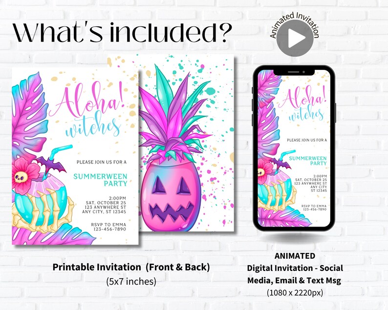 May include: Printable and digital invitation for a Summerween party. The invitation features a pink pineapple with a jack-o-lantern face and a blue and white skull and crossbones drink. The text on the invitation says "Aloha! Witches" and includes the date, time, and location of the party.