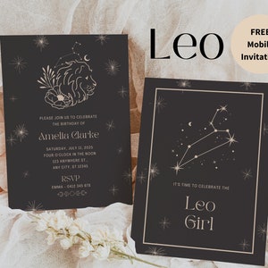 Faire-part d'anniversaire Lion 5 x 7 pouces, fête du zodiaque imprimable, signe astrologique Leo le lion inviter horoscope céleste signe du zodiaque carte de tarot inviter