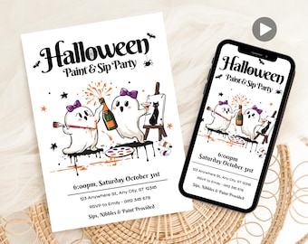 Halloween Paint & Sip Invitation, Printable Halloween Party, Sip And Paint Halloween Invite, Pumpkin Painting Party, Halloween Paint And Sip