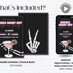 May include: Printable and digital Halloween party invitation with a pink and black color scheme. The invitation features a skeleton hand holding a martini glass with a pink drink and a lime wedge. The text on the invitation reads "Ghouls Night Out Halloween Party".