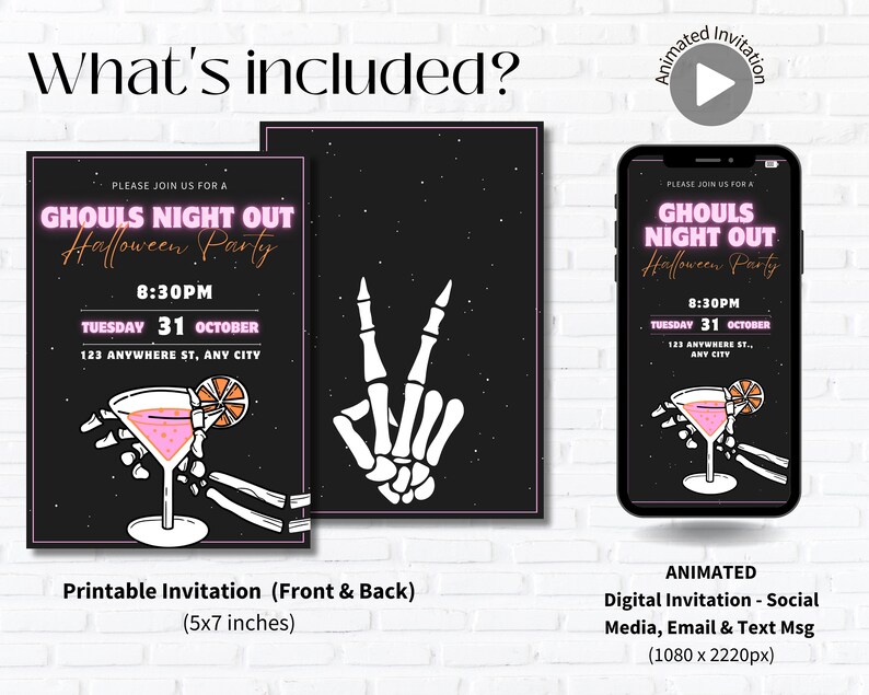 May include: Printable and digital Halloween party invitation with a pink and black color scheme. The invitation features a skeleton hand holding a martini glass with a pink drink and a lime wedge. The text on the invitation reads "Ghouls Night Out Halloween Party".
