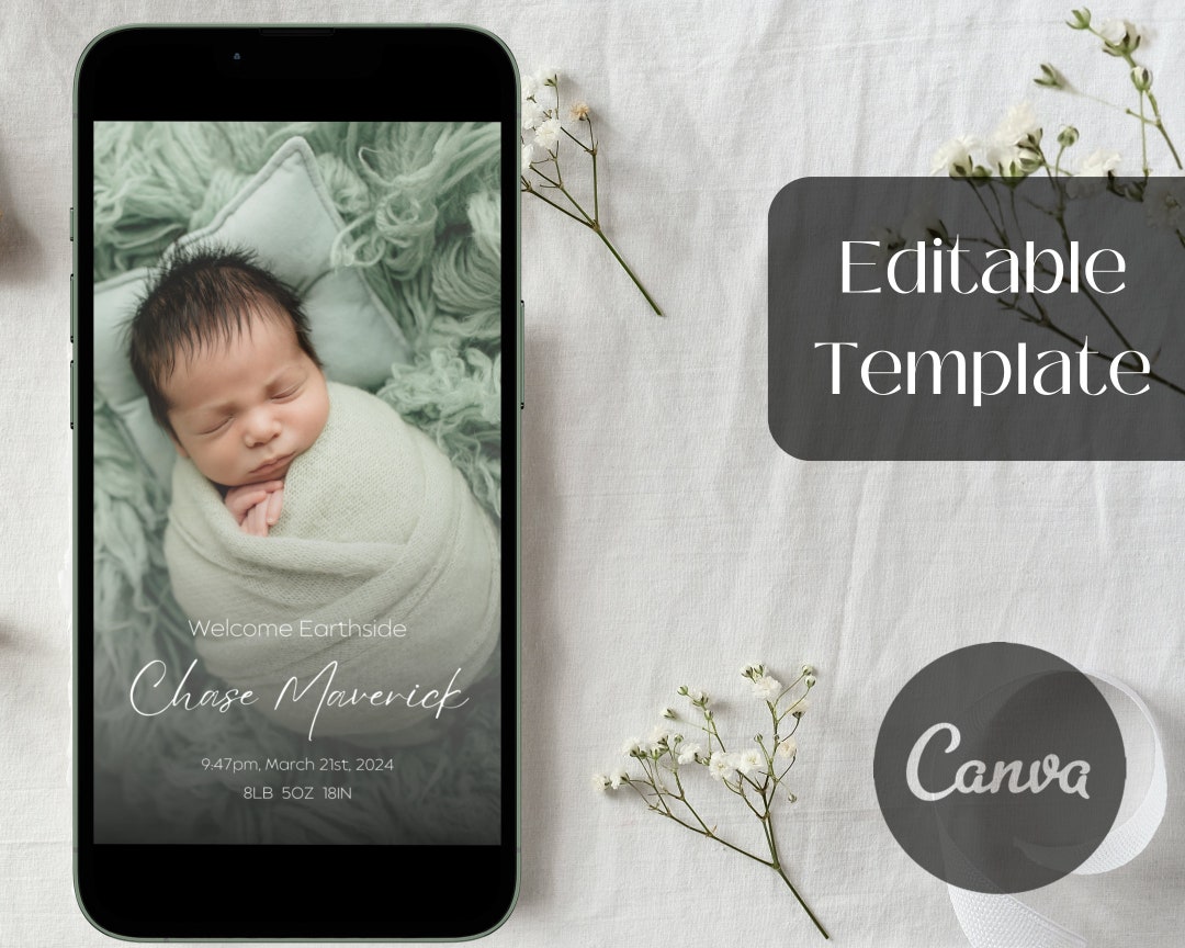 EDITABLE Digital Birth Announcement Template, Newborn Baby Arrival