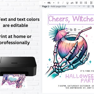 May include: Printable Halloween party invitation with a skeleton hand holding a pink and blue coconut drink with a straw and umbrella. The text reads "Cheers, Witches!" and "It's time for a Halloween Party".