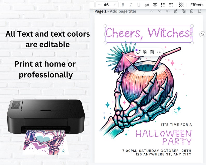 May include: Printable Halloween party invitation with a skeleton hand holding a pink and blue coconut drink with a straw and umbrella. The text reads "Cheers, Witches!" and "It's time for a Halloween Party".