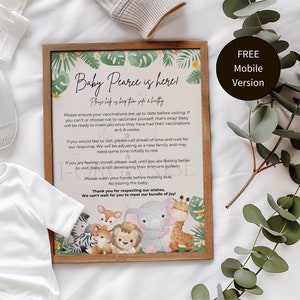 May include: A framed printable sign with a jungle theme featuring a baby animal illustration and the text "Baby Pearce is here! Please help us keep them safe & healthy". The sign includes instructions for visitors, such as ensuring vaccinations are up to date and waiting for a response before visiting.