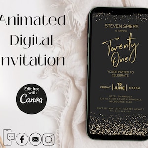 EDITIERBARE Einladung zum 21. Geburtstag, digitale Einladung, elektronisch einladen, Anlass feiern, E-invite, Black Gold Glitter Twenty One