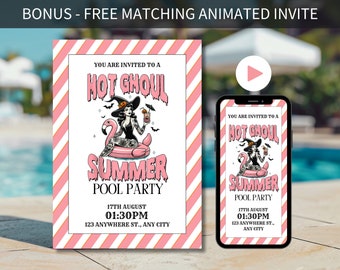 Summerween Pool Party Invite, Hot Ghoul Summer Halloween Invitation Summerween Party Invite Editable Template Halloween In Summer Pool Party