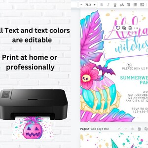 May include: A digital invitation for a Summerween party with a tropical theme. The invitation features a skull and crossbones holding a coconut drink with a pink flower and a bat. The text on the invitation reads "Aloha! Witches" and "Summerween Party".