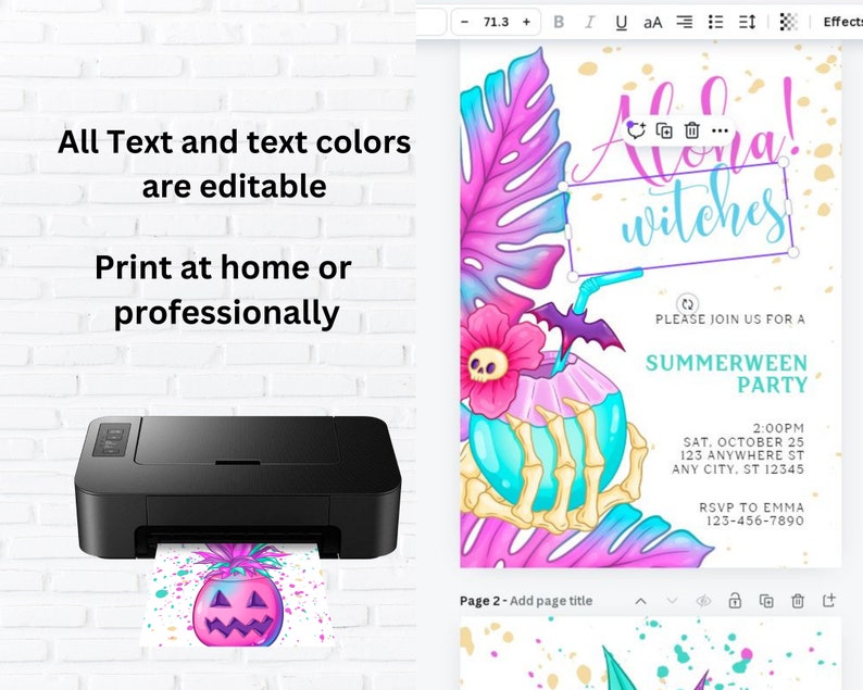 May include: A digital invitation for a Summerween party with a tropical theme. The invitation features a skull and crossbones holding a coconut drink with a pink flower and a bat. The text on the invitation reads "Aloha! Witches" and "Summerween Party".