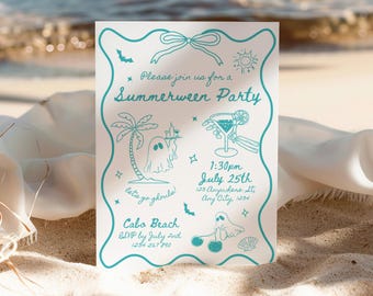 Summer Halloween Party Invitation, Summerween Party Invite, Spooky Beach Halloween Invite, Summerween Pool Party Invite Halloween In Summer