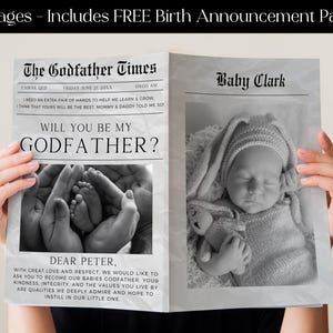 Modello di giornale per la proposta del padrino, modello di giornale modificabile per l'arrivo del bambino, modello di giornale piegato stampabile per la richiesta del padrino, modello di proposta della madrina