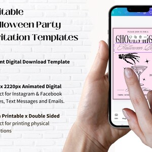 May include: A pink and black digital invitation template for a Halloween party. The invitation features a skeleton hand holding a martini glass with a pink background and the text "Ghoul's Night Halloween Party".