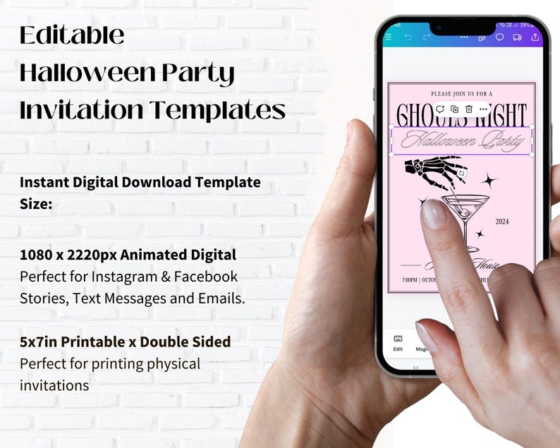 May include: A pink and black digital invitation template for a Halloween party. The invitation features a skeleton hand holding a martini glass with a pink background and the text "Ghoul's Night Halloween Party".