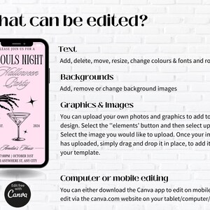 May include: A pink and black Halloween party invitation featuring a skeleton hand holding a martini glass. The text reads "Ghouls Night Halloween Party" and includes the date and time of the party. The invitation is designed to be edited using Canva.