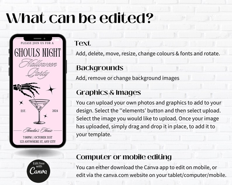 May include: A pink and black Halloween party invitation featuring a skeleton hand holding a martini glass. The text reads "Ghouls Night Halloween Party" and includes the date and time of the party. The invitation is designed to be edited using Canva.