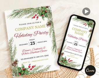 Pode incluir: Um convite para uma festa de Natal branca com uma borda de galhos de pinheiro verdes e bagas vermelhas. O texto diz "Por favor, junte-se a nós para uma festa de Natal COMPANY NAME, sexta-feira, 23 de dezembro, das 18h às 21h, Jantar, coquetéis e jogo do amigo secreto, 123 Anywhere St, Any City, 12345, RSVP para HR@COMPANY.COM".