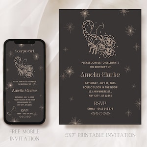May include: A printable 5x7 inch invitation with a black background and gold stars. The invitation features a line drawing of a scorpion with roses and the text "Please join us to celebrate the birthday of Amelia Clarke. Saturday, July 11, 2025. Four o'clock in the noon. 123 Anywhere St., Any City, ST 12345. RSVP. Emma - 0412 345 678."