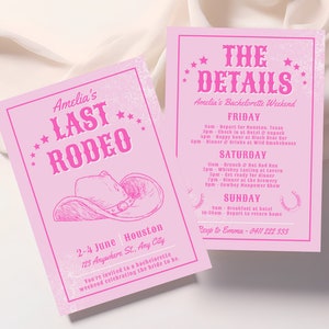Last Rodeo Bachelorette Party Invitation Pink, Western Bachelorette Weekend Itinerary Hen Party Printable Invite Weekend Hen Party Itinerary
