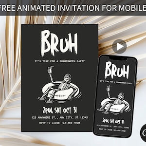 May include: A black and white animated invitation for a "Summerween" party. The invitation features a skeleton in a pool float with a drink, and the text "Bruh! It's time for a Summerween party." The invitation also includes the date and time of the party, the address, and the RSVP information.