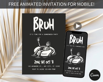 BRUH Summer Halloween Party Invitation, Summerween Party Invite, Boys Halloween Invite, Mens Halloween In Summer Beach Party, Pool Party