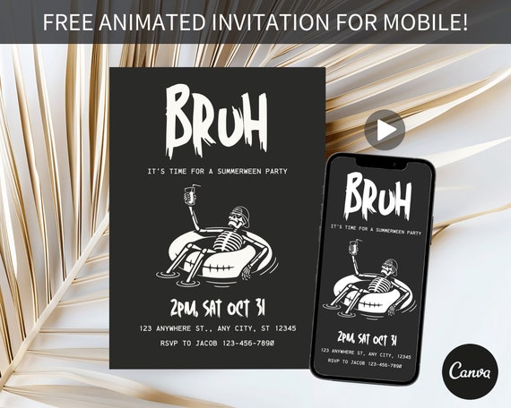 BRUH Summer Halloween Party Invitation, Summerween Party Invite, Boys Halloween Invite, Mens Halloween In Summer Beach Party, Pool Party