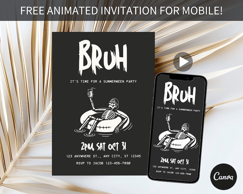 May include: A black and white animated invitation for a "Summerween" party. The invitation features a skeleton in a pool float with a drink, and the text "Bruh! It's time for a Summerween party." The invitation also includes the date and time of the party, the address, and the RSVP information.