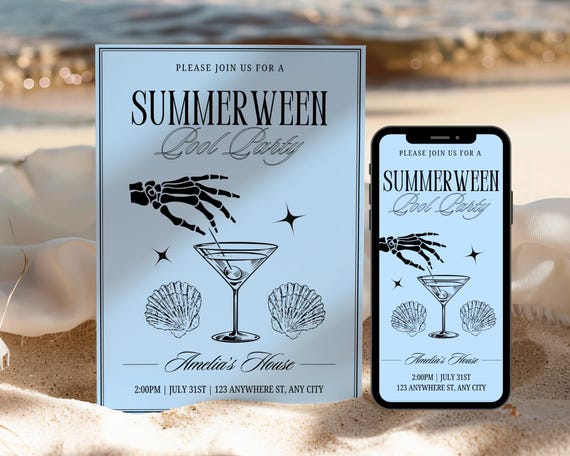 Summer Halloween Party Invitation, Summerween Party Invite, Spooky Beach Halloween Invite, Pool Party Halloween In Summer Beach Party Invite