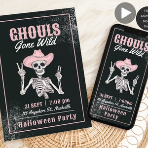 May include: A black and white invitation for a Halloween party with a skeleton wearing a pink cowboy hat and the text "Ghouls Gone Wild". The invitation includes the date, time, and location of the party.