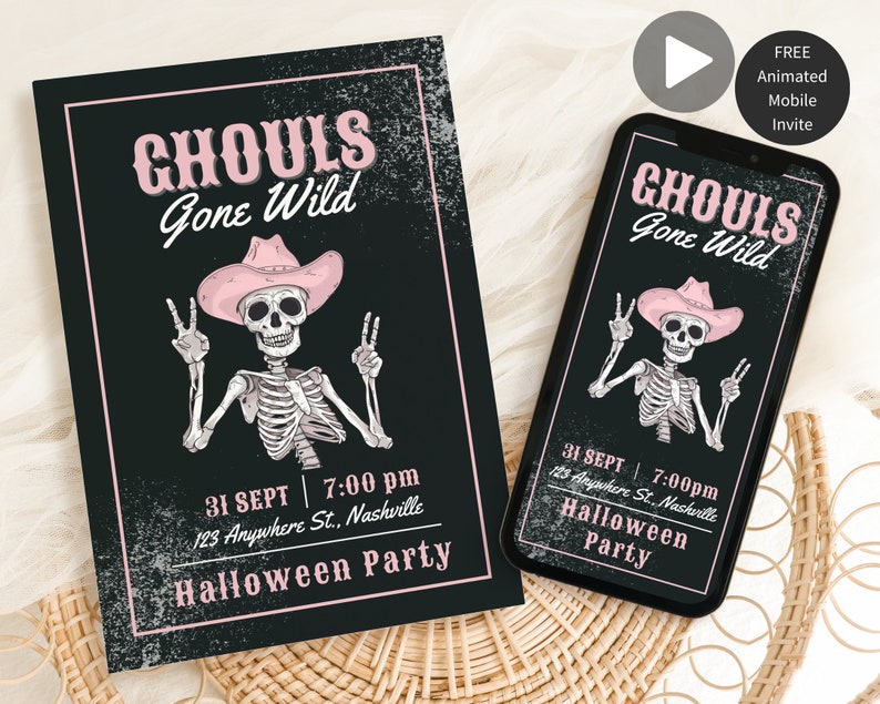May include: A black and white invitation for a Halloween party with a skeleton wearing a pink cowboy hat and the text "Ghouls Gone Wild". The invitation includes the date, time, and location of the party.