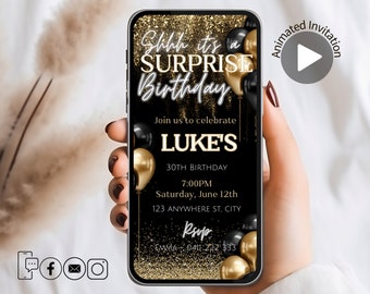 Pode incluir: Um convite digital animado em preto e dourado para uma festa surpresa de aniversário. O convite apresenta um fundo preto com glitter dourado, balões pretos e dourados, e o texto "Shh it's a SURPRISE Birthday". O convite também inclui o nome "LUKE'S", a data "Saturday, June 12th", a hora "7:00PM", e o endereço "123 ANYWHERE ST, CITY".