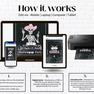 May include: A digital invitation template for a Halloween party. The template features a skeleton wearing a pink cowboy hat and holding peace signs. The text on the template reads "Howdy Ghouls" and "Halloween Party".