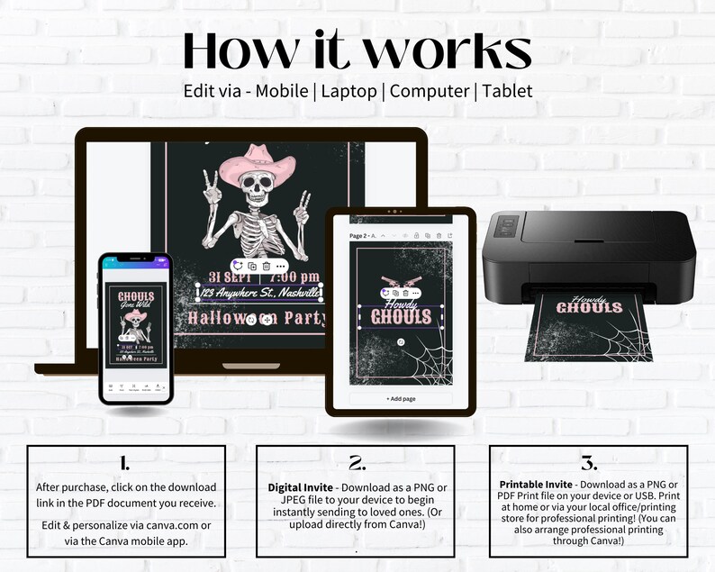 May include: A digital invitation template for a Halloween party. The template features a skeleton wearing a pink cowboy hat and holding peace signs. The text on the template reads "Howdy Ghouls" and "Halloween Party".