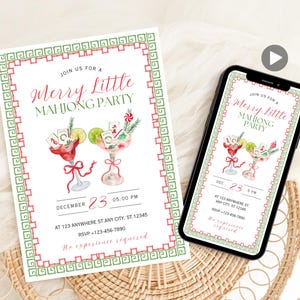 Pode incluir: Convite para uma "Merry Little Mahjong Party" com ilustra&ccedil;&otilde;es de cocktails. O convite tem uma borda vermelha e verde, data, hora e detalhes de RSVP. Um smartphone mostra o mesmo design de convite.