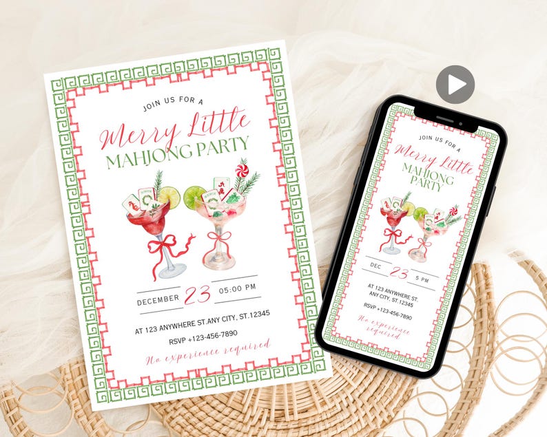 Pode incluir: Convite para uma "Merry Little Mahjong Party" com ilustra&ccedil;&otilde;es de cocktails. O convite tem uma borda vermelha e verde, data, hora e detalhes de RSVP. Um smartphone mostra o mesmo design de convite.