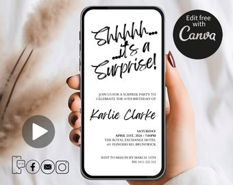 May include: A mobile phone screen displaying a birthday party invitation with the text "Shhhhh... it's a Surprise!"  Join us for a surprise party to celebrate the 40th birthday of Karlie Clarke. Saturday, April 21st, 2024 - 7:00pm. The Royal Exchange Hotel, 481 Flinders Rd, Brunswick. RSVP to Mason by March 18th. PH: 0411 222 333.