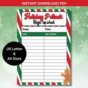 May include: Printable holiday potluck sign-up sheet with a red and green striped background. The sheet has columns for name, dish to bring, date, and time. A gingerbread man graphic is at the bottom of the sheet.