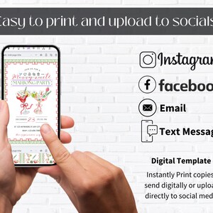 Pode incluir: Um smartphone exibe um convite digital para uma "Merry Suite Mahjong Party". O convite apresenta ilustra&ccedil;&otilde;es de coquet&eacute;is. O texto inclui "Easy to print and upload to socials" e &iacute;cones de m&iacute;dia social para Instagram, Facebook, Email e Mensagem de Texto.