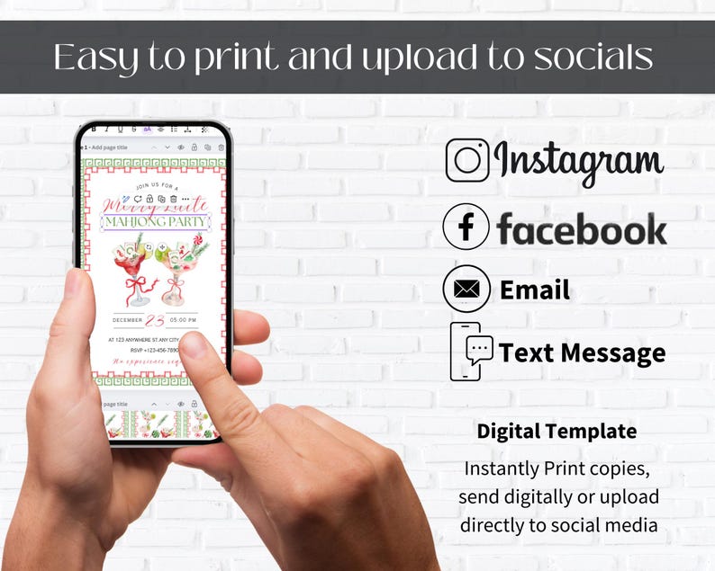 Pode incluir: Um smartphone exibe um convite digital para uma "Merry Suite Mahjong Party". O convite apresenta ilustra&ccedil;&otilde;es de coquet&eacute;is. O texto inclui "Easy to print and upload to socials" e &iacute;cones de m&iacute;dia social para Instagram, Facebook, Email e Mensagem de Texto.