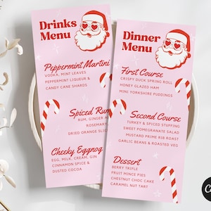 Wydrukuj świąteczny szablon menu 4x9'' Różowe pomysły na świąteczne menu DIY Świąteczne menu obiadowe Boże Narodzenie w lipcu Dekoracje stołu świątecznego Pinkmas
