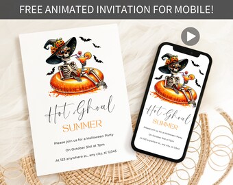 Hot Ghoul Summer Halloween Invitation, Summerween Party Invite, Pool Party Halloween Invite Editable Template Halloween In Summer Pool Party