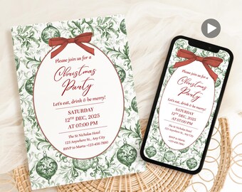 Toile De Jouy Christmas Invitation Template, Vintage Floral Xmas Invitation, Chinoiserie Christmas Party Invitation, Chinoiserie Xmas Decor