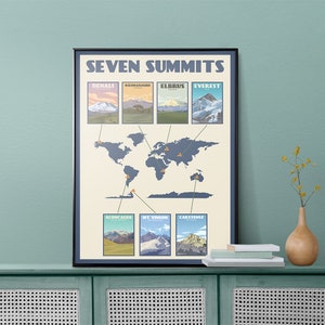 Seven (7) Summits Mountain Climbing Vintage Retro Fine Art Print, Poster